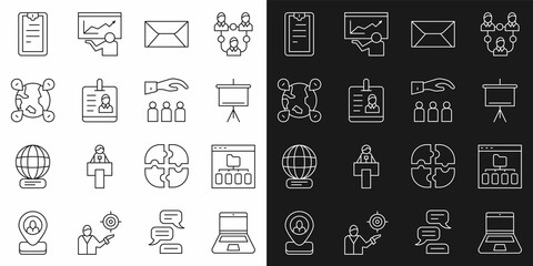 Set line Laptop, Browser files, Chalkboard, Envelope, Identification badge, Location the globe, Clipboard with checklist and Boss employee icon. Vector