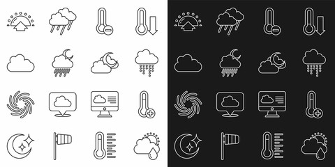 Set line Cloud with rain and sun, Meteorology thermometer, moon, Sunrise and icon. Vector