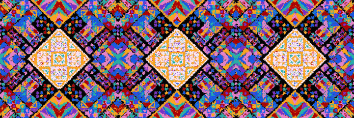 Ethnic carpet with geometric mosaic aztec style stripes on tile. majolica Antique interior,modern rugs,geographic print on kente clot textile.Tribal vector ornament seamless african pattern.multicolor