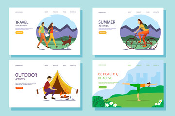 Set of web banners or landing pages. People actively spend the summer: doing yoga, traveling, walking. Vector illustration.