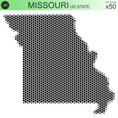 Dotted map of the state of Missouri in the USA, from circles placed in hexagons. Scaled 50x50 elements. With rough edges from a grayscale gradient on a white background.