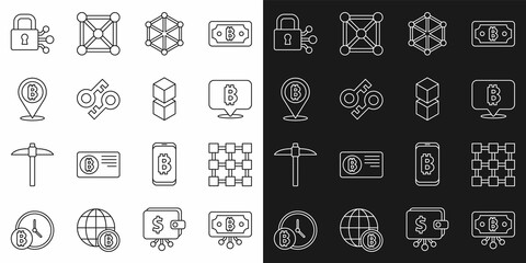 Set line Bitcoin with circuit, Blockchain technology, Cryptocurrency key, Lock bitcoin and icon. Vector