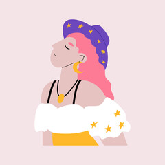 Beautiful woman with cowboy hat and white dress. Western, bohemian vector illustration on isolated background. Mystical, boho, magic character