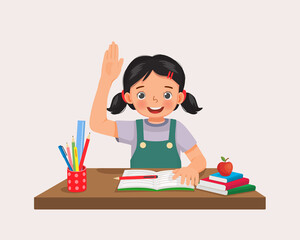 Cute little girl student rising hand asking question sitting at her desk in the classroom - obrazy, fototapety, plakaty