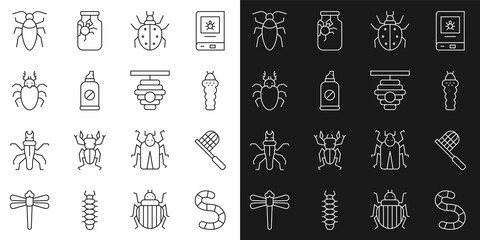 Set line Worm, Butterfly net, Larva insect, Mite, Spray against insects, Beetle deer, Cockroach and Hive for bees icon. Vector