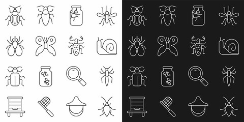 Set line Cockroach, Spider, Snail, in jar, Butterfly, Insect, Chafer beetle and Beetle deer icon. Vector