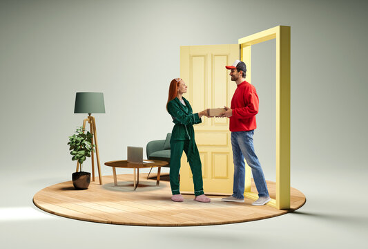 Creative collage with photo and 3d illustration of young woman receiving box from delivery man, courier at the door. Express delivery service.