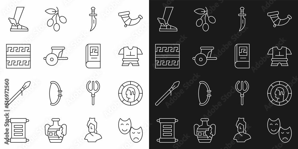 Sticker set line comedy and tragedy masks, ancient greek coin, body armor, dagger, chariot, pattern, hermes 