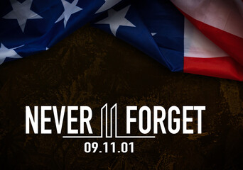 9.11 Patriot Day logo with Twin Towers on american flag. USA Patriot Day banner. September 11,...