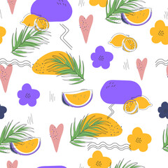 Abstract seamless pattern. Doodle style. Tropical palm trees, watermelon and lemon, flowers and hearts. Retro colors.