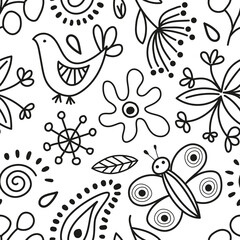 Seamless contour background with butterflies, flowers and birds. Natural pattern in Scandinavian style. Wallpaper, textile print, wrapping paper, page filling.