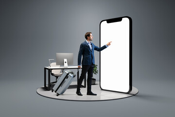 Young man, businessman standing in front of 3d model of cellphone with blank white screen isolated...
