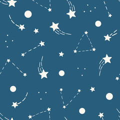White and blue night sky vector pattern, seamless background