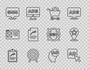 Set line Clipboard with graph chart, Advertising, Shopping cart, Target sport, Social media marketing, Document, and Map pointer star icon. Vector