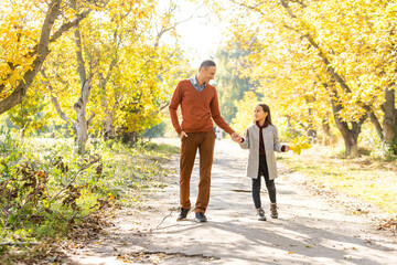 Fototapeta premium Adorable little girl with happy father walking in autumn park on a sunny day