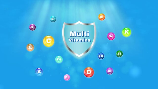 Essential vitamin and mineral complex on Blue Background with light ray.