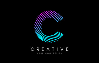 Warp Zebra Lines Letter C logo Design with Neon Purple Lines and Creative Icon Vector