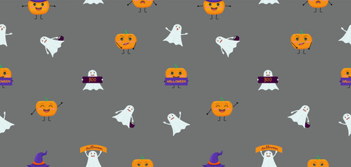 Vector seamless pattern for Halloween with funny cartoon pumpkin and ghost. A template for Halloween. Illustrations on a grey background