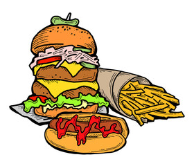 Fast food collection for tasty eating. Unhealthy junk snaks to take away for picnic outdoor. Hand drawn illustration for cafe, restaurant menu, poster or logo design. Cartoon style drawing.