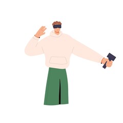 Young man in VR headset, holding controller and playing simulation game in virtual reality. Happy person in digital glasses for cyberspace. Flat vector illustration isolated on white background