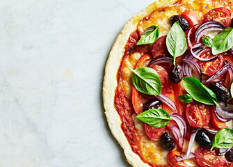 Homemade thin crust pizza with mozzarella, cherry tomato, pepper, onion and Kalamata olives
