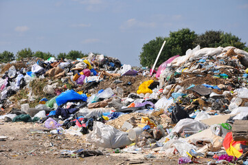 Different types of garbage mixed in mixed in one in a city landfill