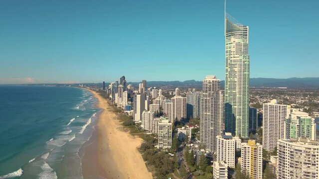Aerial drone view of the iconic Gold Coast Beach at Surfers Paradise on the Gold Coast of Queensland, Australia on a sunny day 