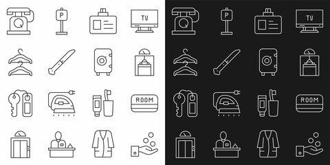 Set line Paying tips, Hotel key card, Lift, Identification badge, Knife, Hanger wardrobe, Telephone handset and Safe icon. Vector