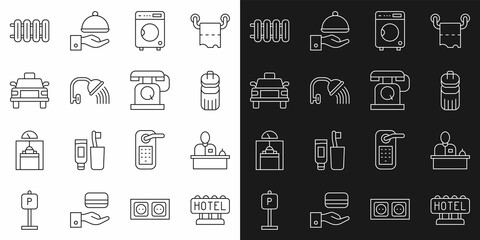 Obraz na płótnie Canvas Set line Signboard with text Hotel, reception desk, Trash can, Washer, Shower head, Taxi car, Heating radiator and Telephone handset icon. Vector