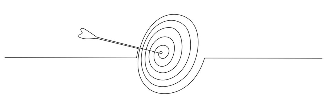 Target with arrow continuous line drawing. Hand drawn linear goal circle. Vector illustration isolated on white.