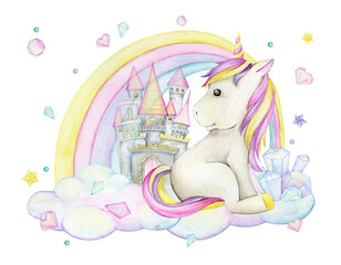 unicorn, rainbow, castle, star crystals. Watercolor clipart in cartoon style, on an isolated background.