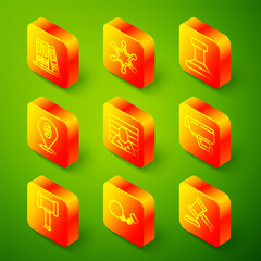 Set line Office folders, Hexagram sheriff, Stamp, Location law, Prisoner, Security camera, Judge gavel and Ball chain icon. Vector