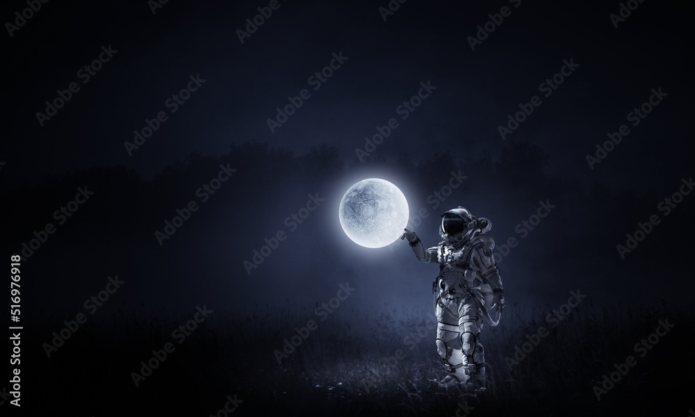 Poster astronaut walking on an unexplored planet