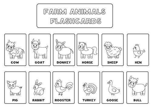 Black and white farm animal flashcards for kids.