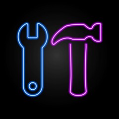 construction tools neon sign, modern glowing banner design, colorful modern design trends on black background. Vector illustration.