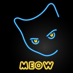 cat face neon sign, modern glowing banner design, colorful modern design trends on black background. Vector illustration.