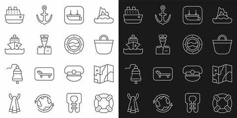 Set line Lifebuoy, Folded map, Beach bag, Lifeboat, Captain of ship, Cruise, and Ship porthole with seascape icon. Vector