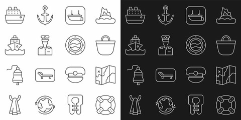 Set line Lifebuoy, Folded map, Beach bag, Lifeboat, Captain of ship, Cruise, and Ship porthole with seascape icon. Vector