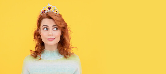 Woman isolated face portrait, banner with copy space. selfish redhead woman in queen crown, selfishness.