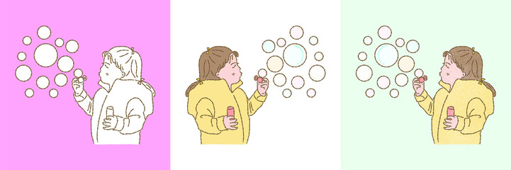 Girl blowing bubbles through wand and holding bottle of soap solution in other hand. Set of different styles hand drawn flat vector illustration isolated on colored background.