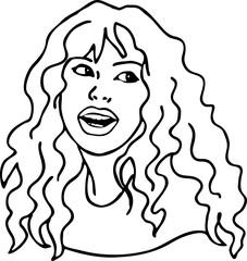 Beautiful young woman smiling with white teeth. Model girl for beauty salon, hairdressing, cosmetic shop. Girl with long blond hair and big eyes. Hand drawn illustration. Comic cartoon vector drawing.