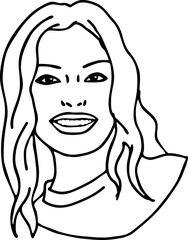 Beautiful young woman smiling with white teeth. Model girl for beauty salon, hairdressing, cosmetic shop. Girl with long blond hair and big eyes. Hand drawn illustration. Comic cartoon vector drawing.