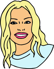 Beautiful young woman smiling with white teeth. Model girl for beauty salon, hairdressing, cosmetic shop. Girl with long blond hair and big eyes. Hand drawn illustration. Comic cartoon vector drawing.