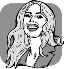 Beautiful young woman smiling with white teeth. Model girl for beauty salon, hairdressing, cosmetic shop. Girl with long blond hair and big eyes. Hand drawn illustration. Comic cartoon vector drawing.