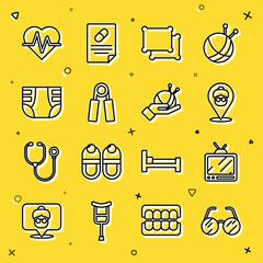 Set line Eyeglasses, Retro tv, Nursing home, Pillow, Sport expander, Adult diaper, Heart rate and Yarn ball with knitting needles icon. Vector