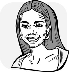 Beautiful young woman smiling with white teeth. Model girl for beauty salon, hairdressing, cosmetic shop. Girl with long blond hair and big eyes. Hand drawn illustration. Comic cartoon vector drawing.