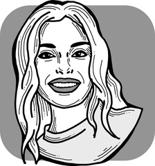 Beautiful young woman smiling with white teeth. Model girl for beauty salon, hairdressing, cosmetic shop. Girl with long blond hair and big eyes. Hand drawn illustration. Comic cartoon vector drawing.