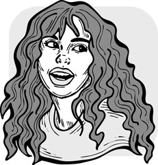 Beautiful young woman smiling with white teeth. Model girl for beauty salon, hairdressing, cosmetic shop. Girl with long blond hair and big eyes. Hand drawn illustration. Comic cartoon vector drawing.