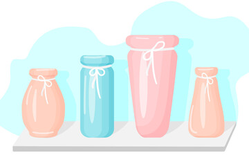 Ceramic vases with rope decorations on the shelf. Isolated illustration on a white background. Vector illustration.