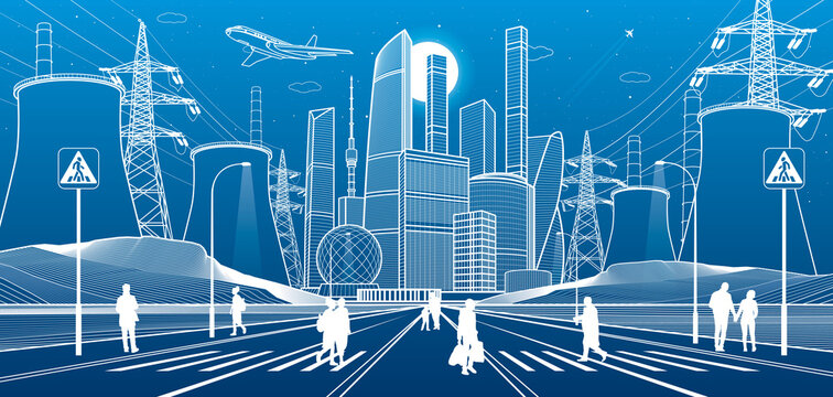 Modern night city. Large highway. People are crossing the town street. Infrastructure illustration, urban scene. Thermal power plant and power lines White outlines on blue background. Vector design